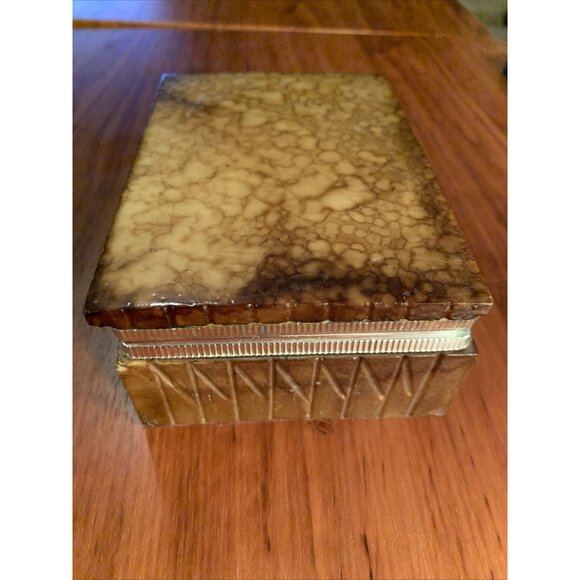 Vintage Italian Marble Tortoiseshell Look Hinged Box Silver-Tone Trim Jewelry Tr - Picture 3 of 16